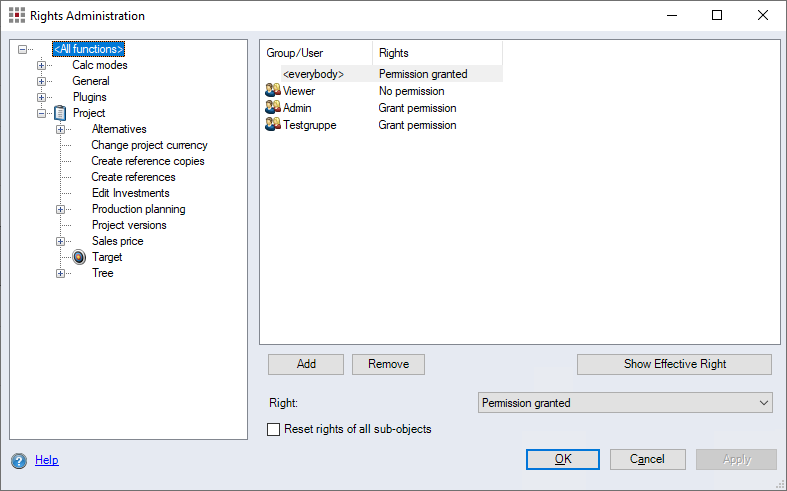 "Rights Administration" dialog
