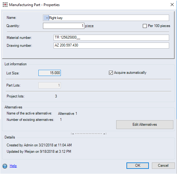 "Manufacturing Part - Properties" dialog