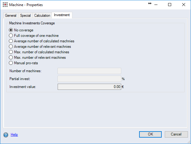 Machine Properties Dialog, Investment Tab
