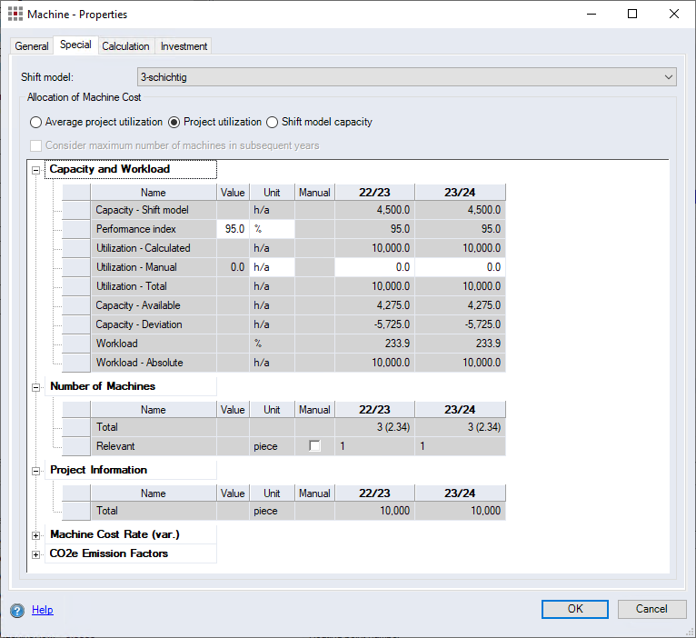 Machine Properties Dialog, Special Tab