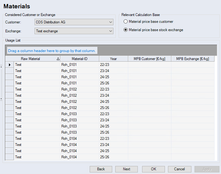 Material Surcharge Calculation dialog