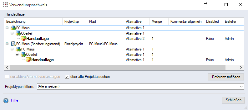 "Usage List" dialog